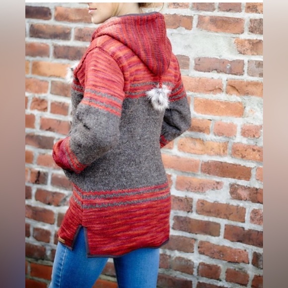 Laundromat Hooded Wool Knit Sweater Coat Pom Pom Alpine Fair Isle Size L - Picture 7 of 10